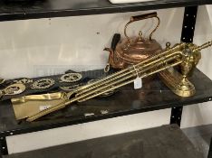 20th cent. Metalware: Brass companion set, tea caddy, horse brasses and copper kettle.