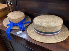 Mid 20th cent. Straw boaters, one male, one female. The larger produced by Battersby, London, the