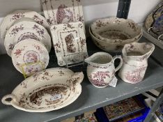 20th cent. Ceramics: Masons Watteau bowls x 2, two handle dish, teapot stand, soap dish, jugs x 2,
