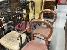 Queen Anne style black lacquered chair c1900. Victorian mahogany armchairs, a pair. Plus 19th