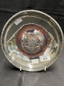 Keswick School: White metal 8ins dish, base embossed with Tudor rose in Keswick style bright
