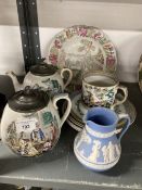 19th cent. Staffordshire Frog mug decorated in the Chinoiserie style, Prattware side plates, and