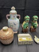Chinese enamel vase and lid, jar and cover, pair of lion dogs, miniature yellow vase, porcelain