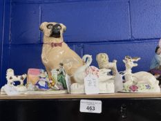 Late 19th cent. Ceramics: Staffordshire miniature figure of a poodle on plinth, stag, brown/white