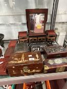 19th/20th cent. Chinese Boxes: Hardwood with jade panels, a carved cinnabar lacquer box, an inlaid