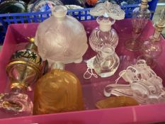20th cent. Glassware: French & Italian perfume bottles, amber colour glass bottle decorated with a