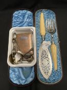 19th cent. Electroplate fish servers, open work with ivory handles in red Morocco, inscribed 'From