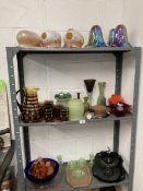 20th cent. Glassware: Vase, soda glass vase, Nailsea glass pipe, iridescent lamp shades, End of Day,