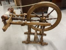 Oak framed pre-war fire screen, together with 19th cent. Beech wool spinning wheel. 30ins. x