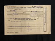 R.M.S. OLYMPIC: Contemporary Gestetner Duplicate Marconigram with Olympic hand stamp - 5.20am from