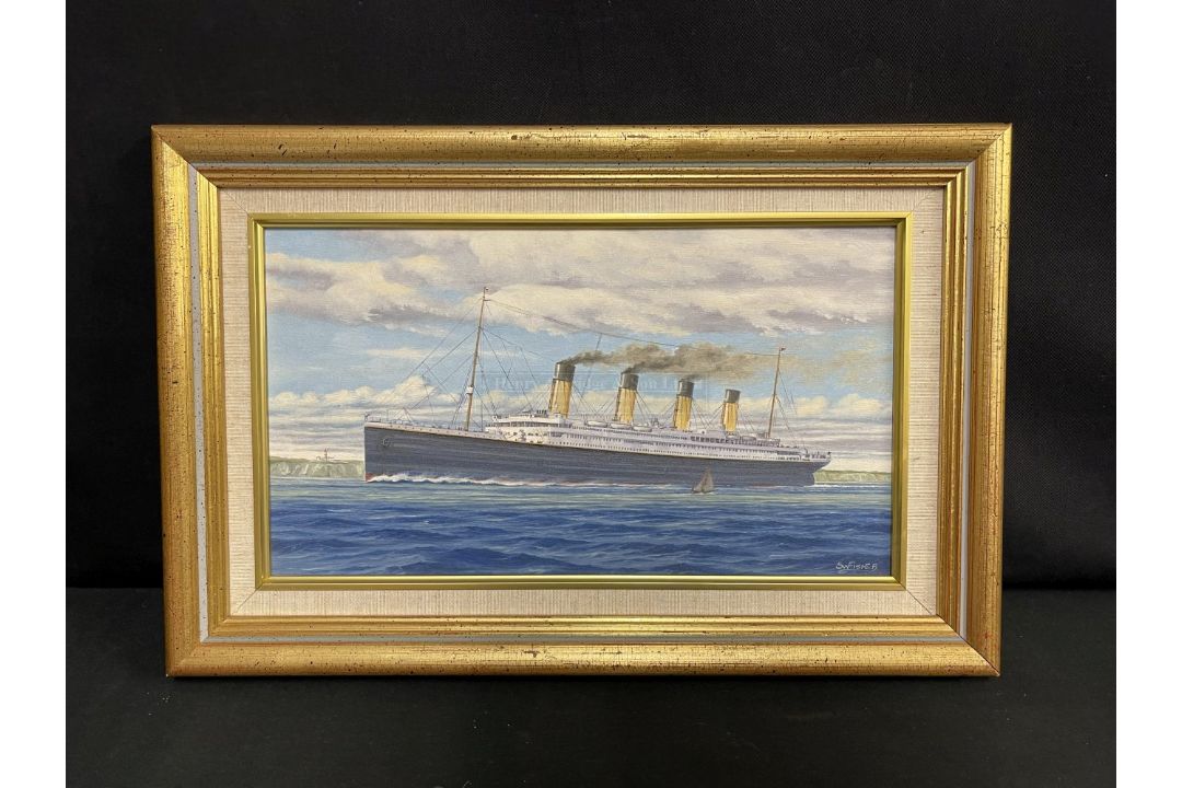 MARINE ART: 20th Century oil on canvas of Titanic at sea by Simon Fisher. 13ins. x 8ins.
