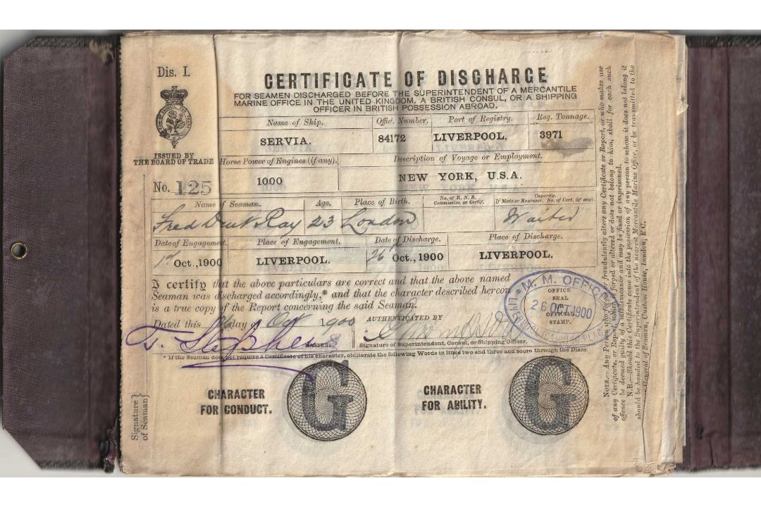 R.M.S. TITANIC: Frederick Dent Ray's Continuous Certificates of Discharge Books from 1898-1900, then - Image 4 of 4