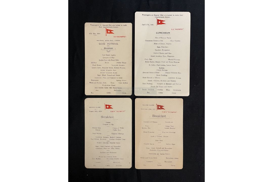 R.M.S. OLYMPIC: Printed menus dating from 1921 to 1931. (4)