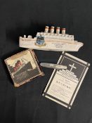 R.M.S. LUSITANIA: Unusual Carlton china model of Lusitania (A/F), white metal penknife, boxed