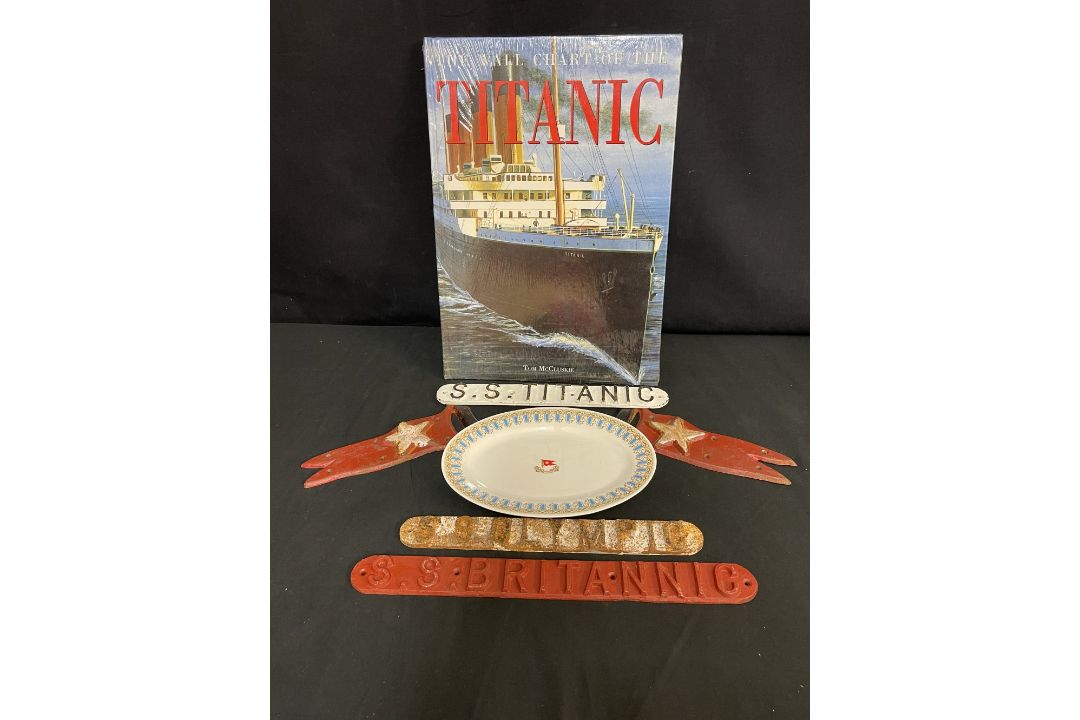 R.M.S. TITANIC: Mixed collection of reproduction items including, lifeboat plaques and Vinolia