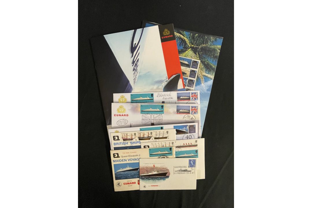 COLLECTION OF CUNARD QUEEN ELIZABETH II COMMEMORATIVE COVERS AND STAMPS: Three stamp packs and seven - Image 1 of 2