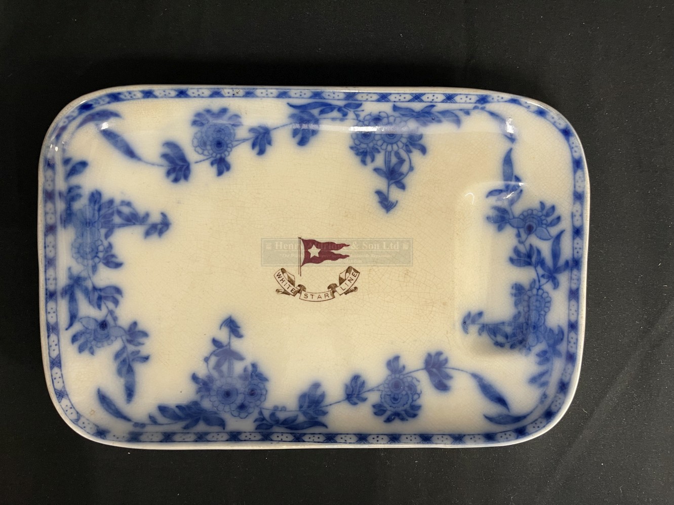 WHITE STAR LINE: Second-Class flow blue Stonier and Company asparagus dish. 9¼ins.