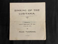 R.M.S. LUSITANIA: Rare pamphlet titled The Sinking of The Lusitania by Lewis O. Baker and R. W.