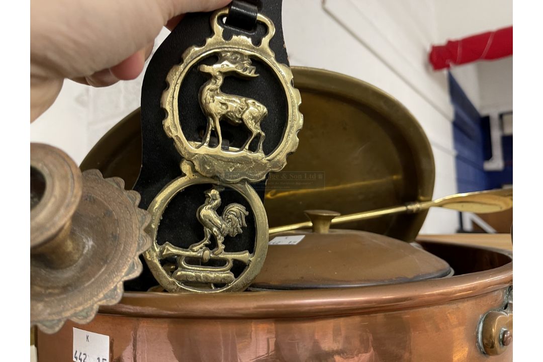 20th cent. Metalware, copper preserve pan 17ins, copper saucepan, candlesticks and other - Image 2 of 2