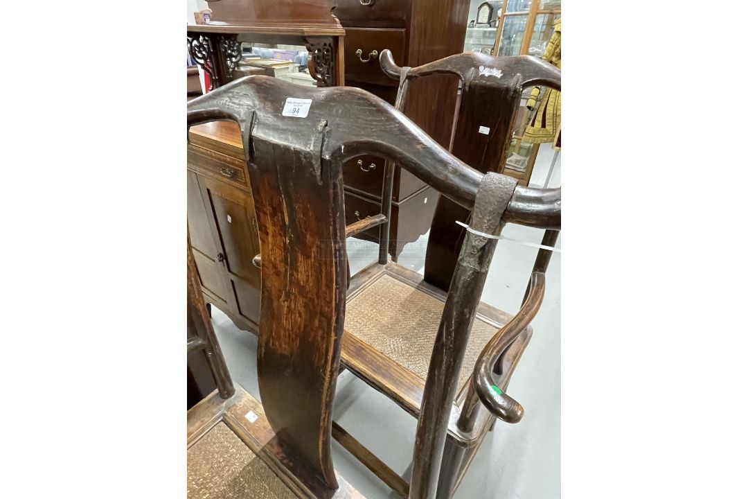 China/Far East: 19th/20th cent. Hardwood yoke back carver chairs with rattan seats. (2) - Image 2 of 3