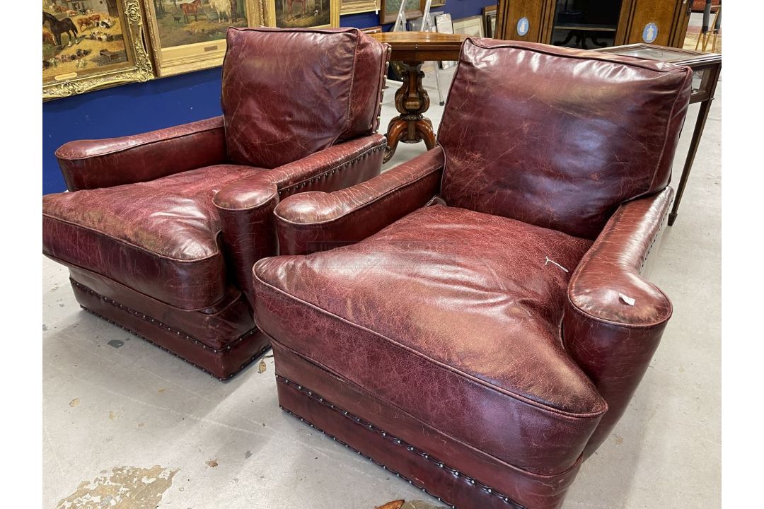 Pre-war red leather club chairs in the style of Howard & Co. Re upholstered in traditional wine - Image 1 of 4