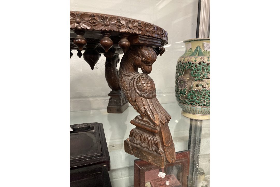 19th cent. Asian hardwood footstool heavily carved from top to bottom with stylised birds and - Image 2 of 2