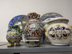 20th cent. Maiolica: Two plates one dated 1556, a continental lustre glazed jug, a pair of white