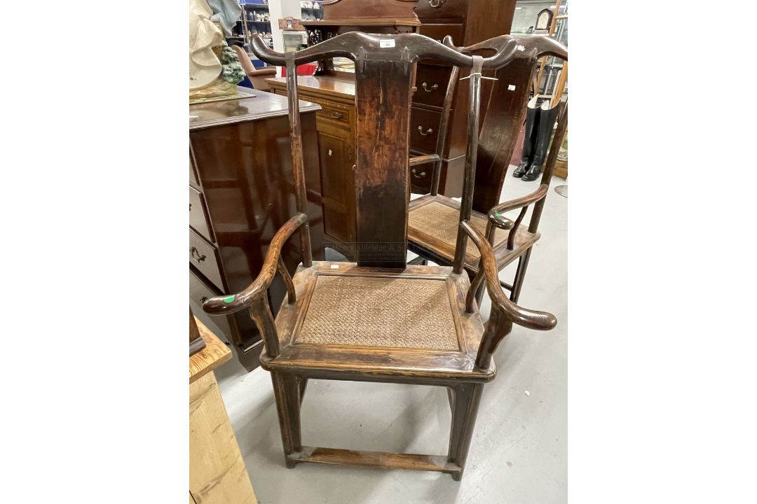 China/Far East: 19th/20th cent. Hardwood yoke back carver chairs with rattan seats. (2) - Image 1 of 3
