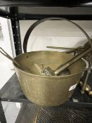 Metal Ware: Set of brass fire irons, brass trivet, pan, fire guard and lamp.