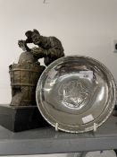 Keswick School: White metal 8ins dish, base embossed with Tudor rose in Keswick style bright