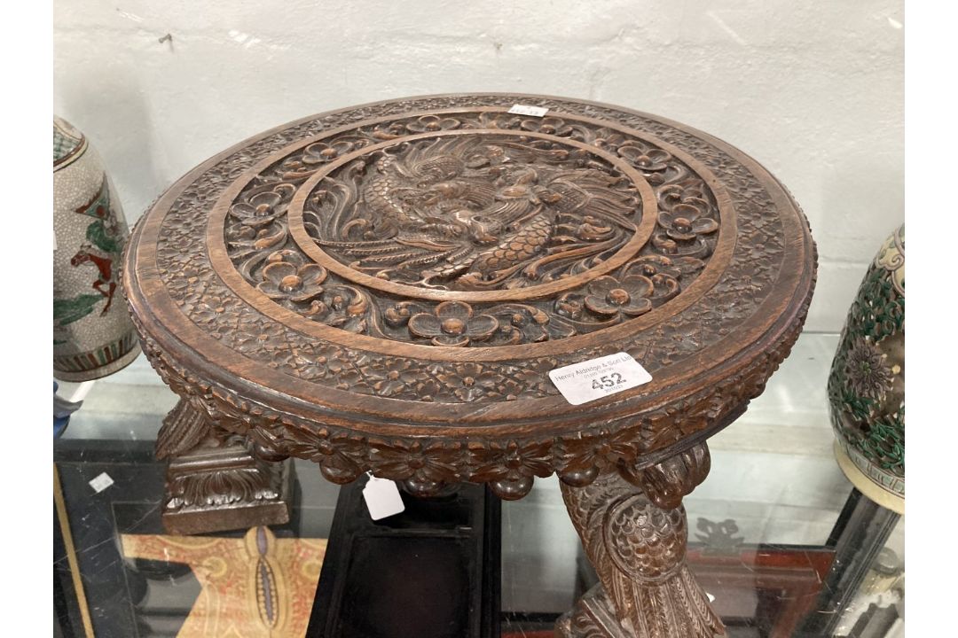 19th cent. Asian hardwood footstool heavily carved from top to bottom with stylised birds and - Image 1 of 2