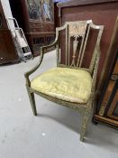 Late 18th cent. George III period painted open armchair, the repainted frame with a panel above a