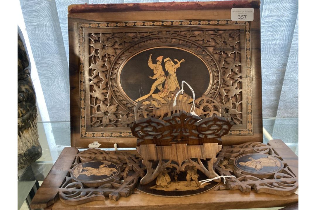 Desk furniture, Sorrento Ware fretwork inlaid book slide, free standing letter rack, plus blotter or - Image 1 of 3