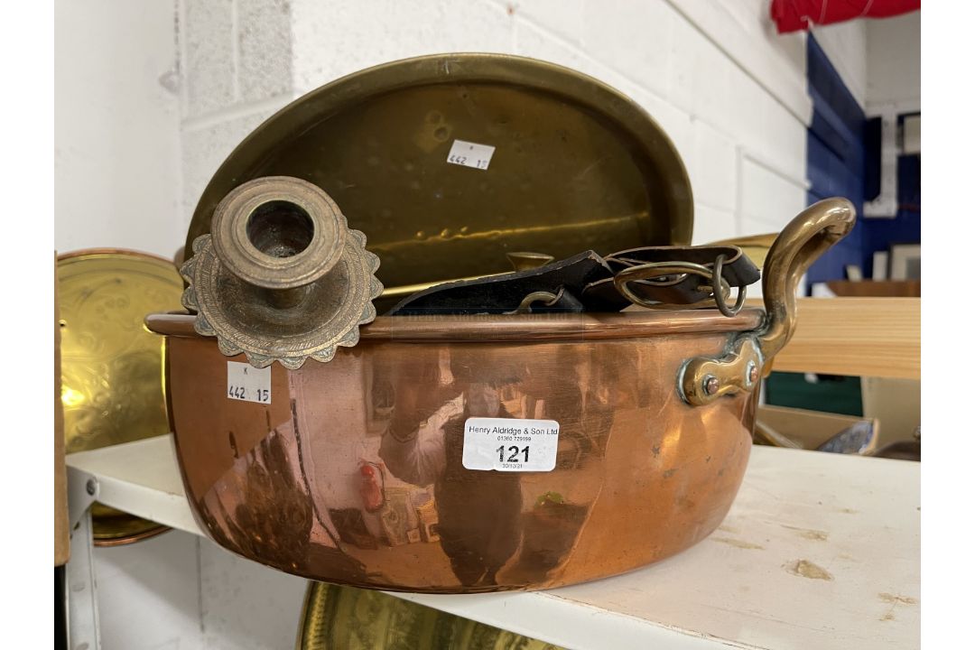 20th cent. Metalware, copper preserve pan 17ins, copper saucepan, candlesticks and other - Image 1 of 2