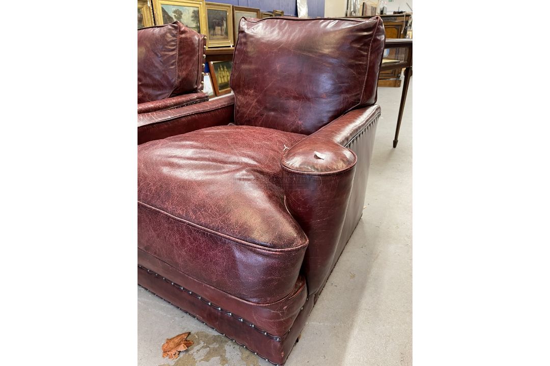 Pre-war red leather club chairs in the style of Howard & Co. Re upholstered in traditional wine - Image 2 of 4