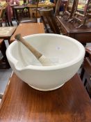 Early 20th Stoneware mortar and pestle, impressed 12 to base. Dia. 13ins. Height 7ins.