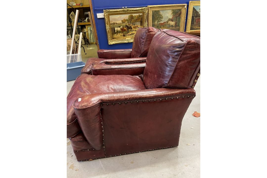 Pre-war red leather club chairs in the style of Howard & Co. Re upholstered in traditional wine - Image 3 of 4