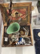 French POW straw work box, a pair of tortoiseshell reading glasses, bead work purses x 3, silver