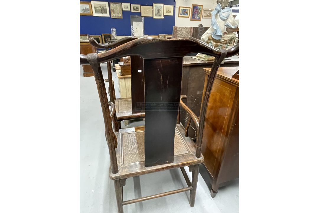 China/Far East: 19th/20th cent. Hardwood yoke back carver chairs with rattan seats. (2) - Image 3 of 3