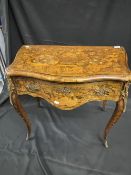 19th cent. Dutch marquetry serpentine fronted one drawer side table on cabriole legs with brass