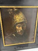 20th cent. Miscellaneous pictures, Rembrandt copy of the Man in the Golden Helmet, plus two prints.