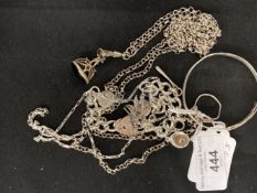 Hallmarked Silver: Charm bracelet and seven charms, chain with paper chase links, child's bangle,