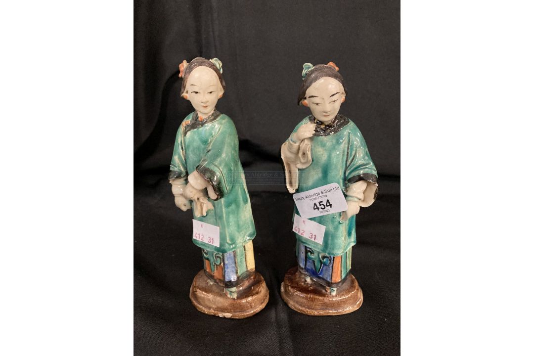 Early 19th cent. Chinese terracotta figures, man and woman dressed in polychrome kimono. Approx. - Image 1 of 3
