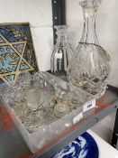20th cent. Glass: Three ring neck decanter, large quantity of miscellaneous glass decanter