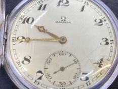 Silver Omega full hunter pocket watch, white dial, black Arabic numerals with second hand chapter