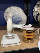 Ceramics: Parian bird, penguin, Hamburg Staffordshire plate A/F, Davenport green and gilt plate,