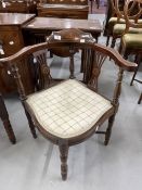 Edwardian inlaid mahogany corner chair with cross stretchers.
