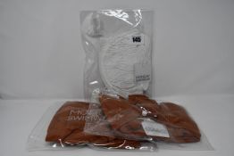 One as new Monday Swimwear Puerto Rico Top clay crinkle (American size V). One as new Monday