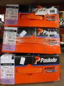 Three Paslode 141074 3.1 x 90mm Galv Plus round ring shank nails x 2200 with 2 fuel cells (Some
