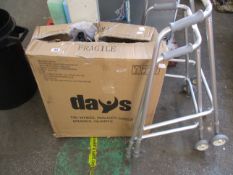 A collection of walking aids to include: one 3-wheeled rollator with cable brakes and basket and two